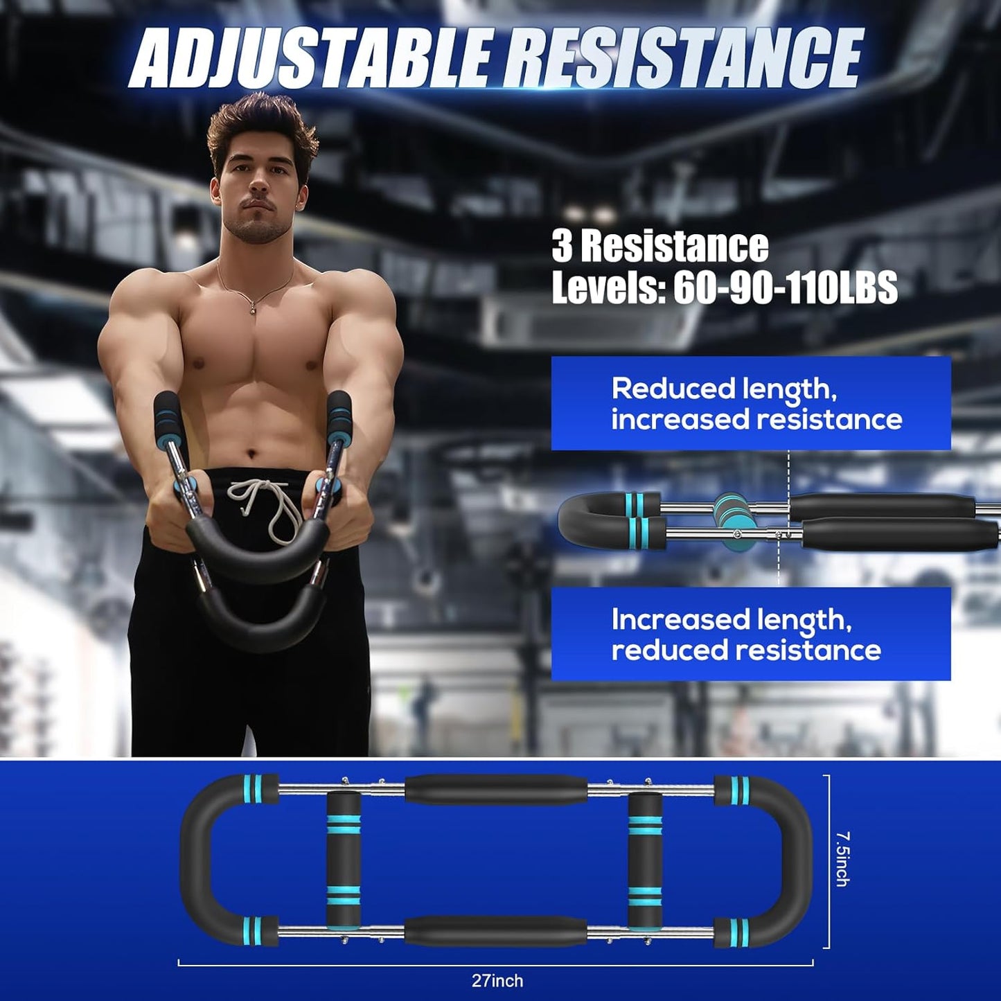 Twister Arm Trainer, 60-110Lb Adjustable Resistance Workout Equipment Twister Arm Chest Exerciser Power Twister Bar, Portable Chest Press Machine Detachable Design Fitness for Home & Gym
